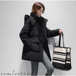 White Down Coat European Fashion Women Long Sleeves Side Pockets Hooded Winter Warm Turtle Neck Slim Waist Coat