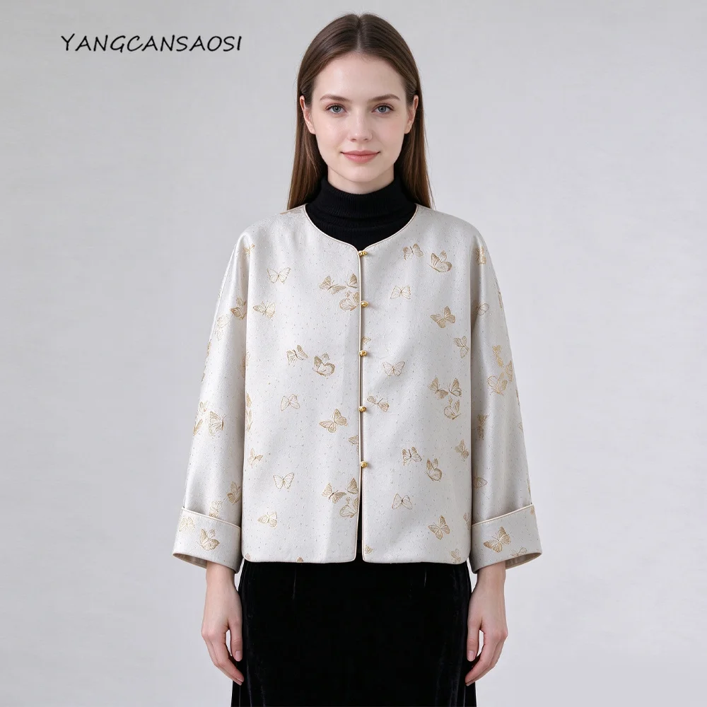 Women's Fashion Autumn New Butterfly Print 100%Natural Mulberry Silk Song Brocade (Excluding Lining) Round Neck Long Sleeve Coat