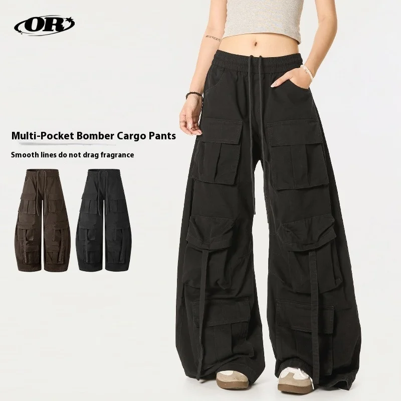

OR FL American Retro Multiple Pockets Curved Knife 100 Cotton Women Cargo Trousers Design Sense Slacks Women's Wide Leg Pants