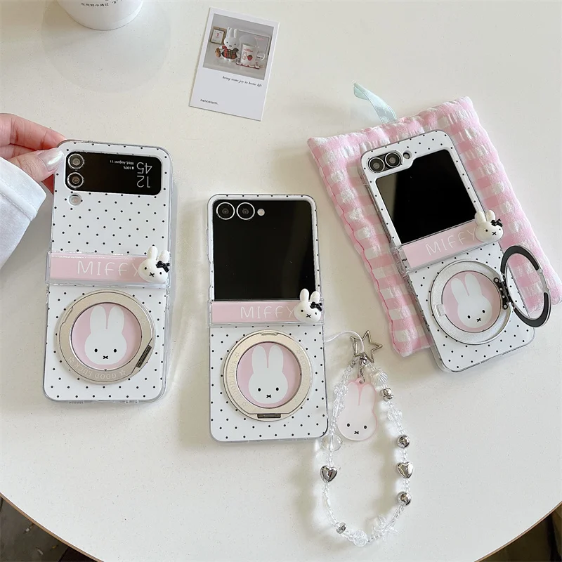 Kawaii Cartoon Fashion Miffy Print Magnetic Phone Case With Beaded Chain For Samsung Galaxy Z Flip 7 6 5 4 Shockproof Protective