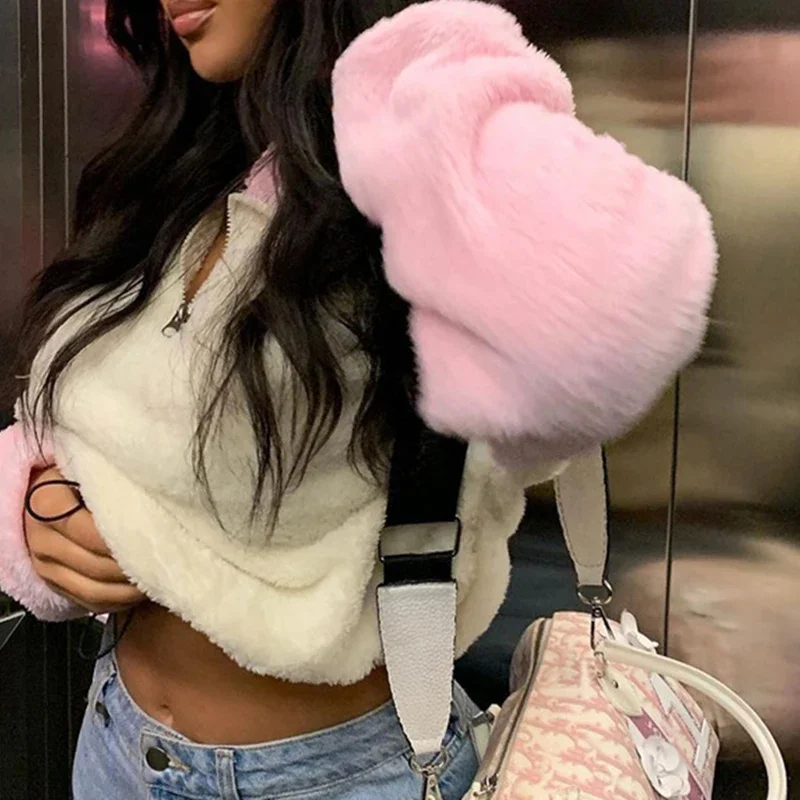 Modny zimowy polar Y2k krótki Top kobiet Harajuku Kawaii różowy casualowy ściągany na suwak kontrastowy kolorowa bluza damski sweter