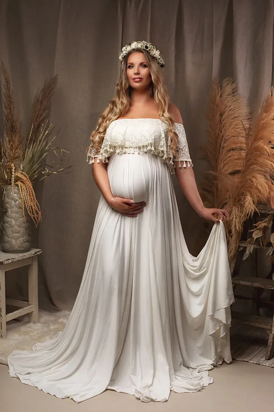 One Line Neckline Tassel Pregnant Woman Photography Dress Milk Silk Floor Mopping Pregnant Woman Photo Taking Long Dress