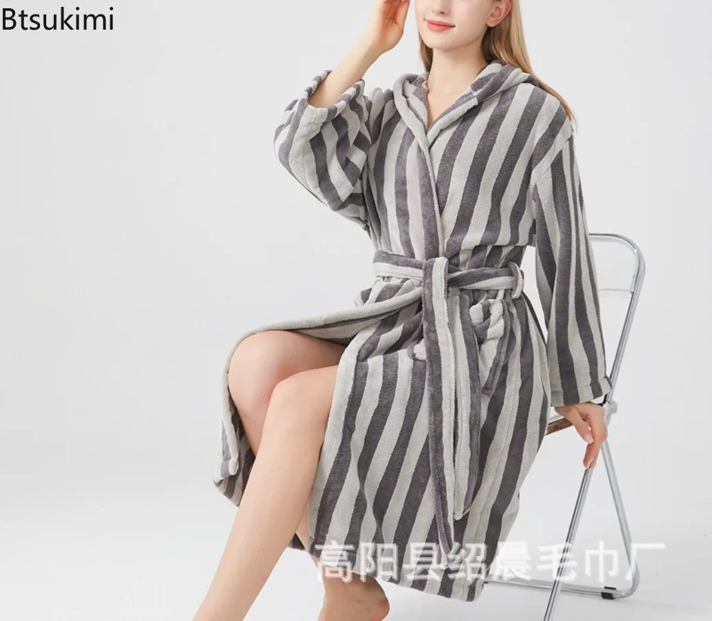 Knit Coral Fleece Bathrobe Unisex Striped Sleepwear Vintage Simple Absorbent Women Robe Kimono Warm Bath Robes Towel Homewear