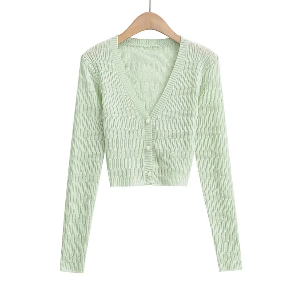 

Women's Knitted Cardigan Anti-Scratch V-Neck Slim Fit Long-Sleeved Top Sexy Thin Pearl Button Detail Summer New Arrival