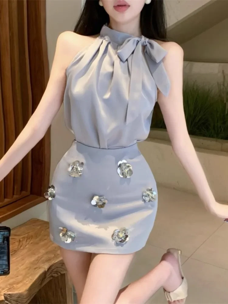 Ezgaga Women Two Piece Set Elegant Satin Tank Tops Bow Ribbon Sleeveless Blouse Sequins Flowers Mini Skirts Shirts Female Suits