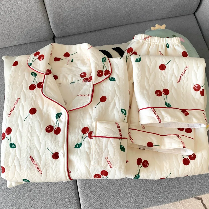 

Air clip cotton sleepwear women's long sleeved autumn and winter layered thick set sweet cherry cardigan home wear spring autumn
