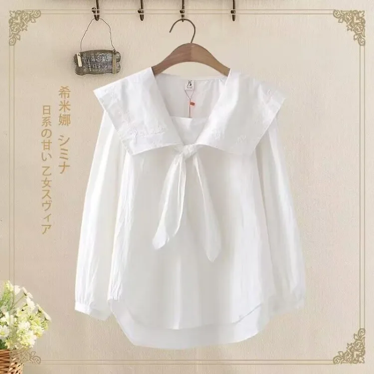

Spring Summer New White Blouses Mujer Y2k E-Girl Long Sleeve Loose Blouses Harajuku Sweet Sailor Collar Bow Shirts Women