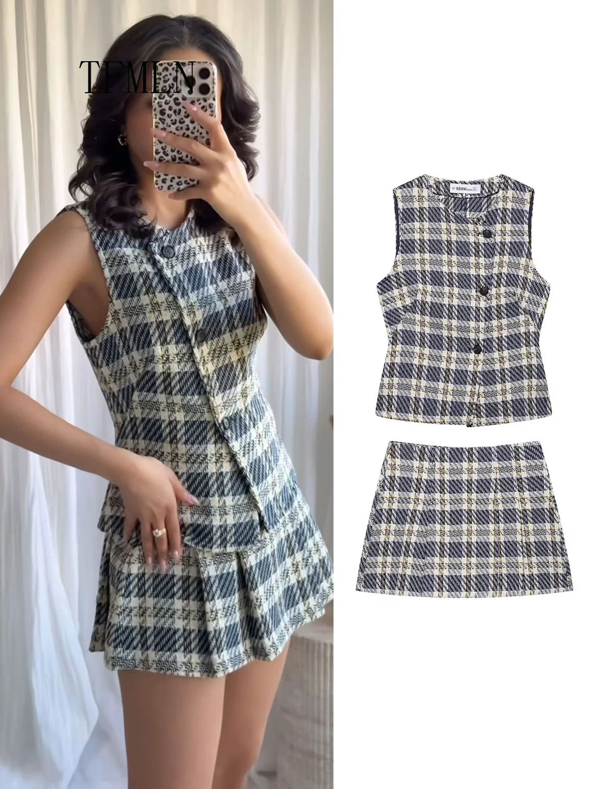 

TFMLN 2025 элегантный женский клетчатый комплект с юбкой, милый повседневный однобортный жилет без рукавов с круглым вырезом, тонкие мини-юбки, новый костюм, наряды