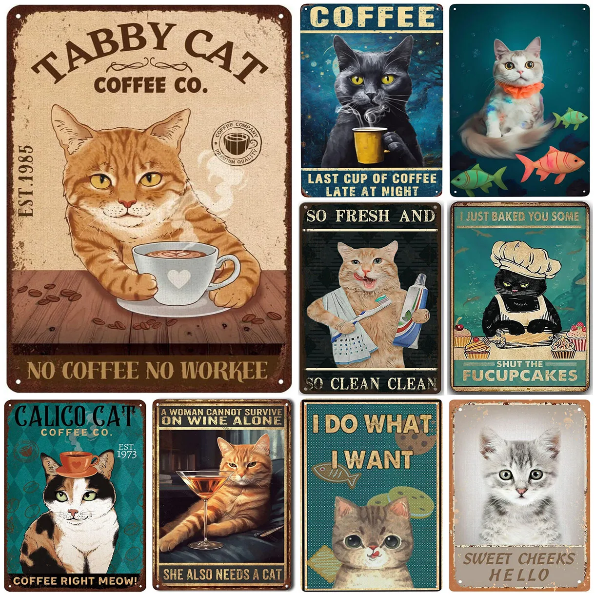 No Coffee No Workee Cat Metal Tin Signs Cat Lovers Gift Vintage Plaque Metal Man Cave Bar Pub Club Cafe Home Wall Decoration