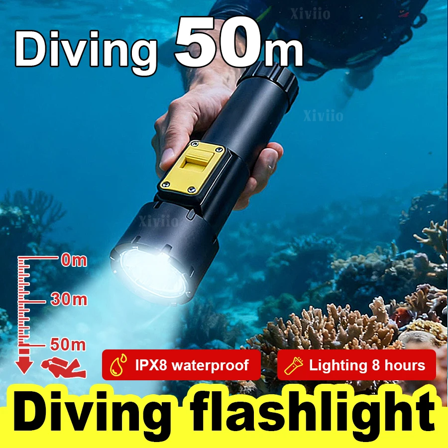 2026 Última linterna de buceo profesional 50 m Antorcha de luz fuerte subacuática Luz subacuática recargable por USB IPX8 Linterna de buceo impermeable Reflector subacuático