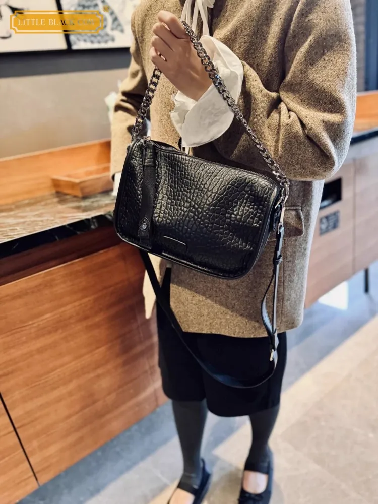 Fashion Ladies Zipper Black Cowskin Casual Genuine Leather Handbag Chain Single Shoulder Bag Office Women Crossbody Underarm Bag