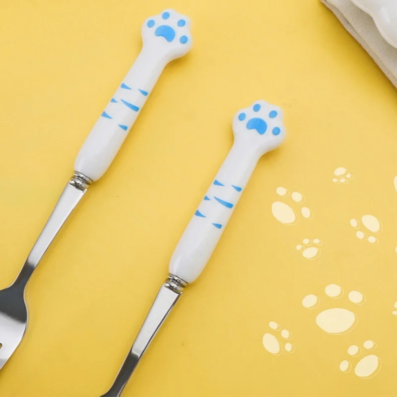 Cute Cat Paw Cutlery Set Stainless Steel Fork Spoon with Storage Box Dinnerware Tableware Silverware Lunch Bento Accessories