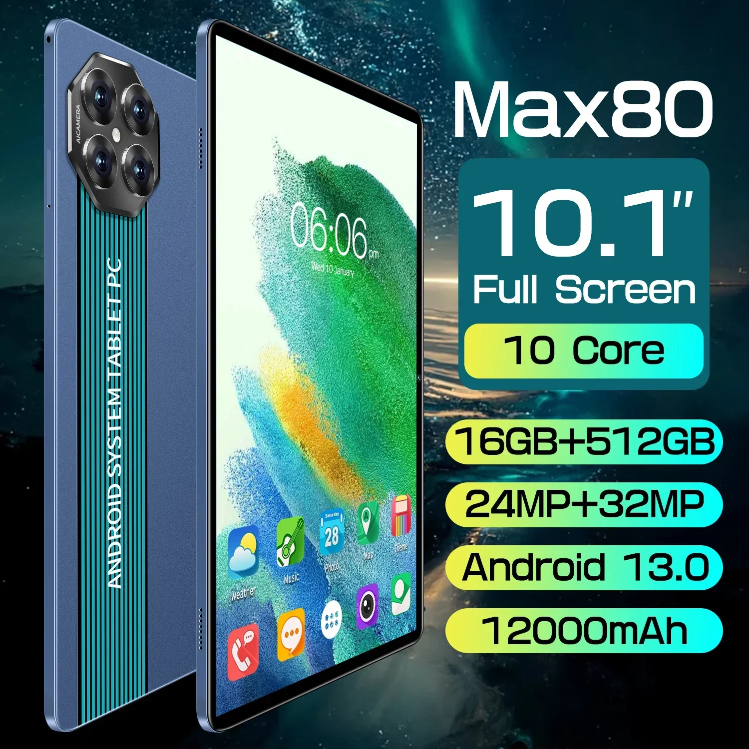 MAX80 Android 13 Tablet: Dual-SIM Dual-Standby, 10.1-inch HD Screen, 24MP+32MP Cameras and 12000mAh Battery for All-Day Use