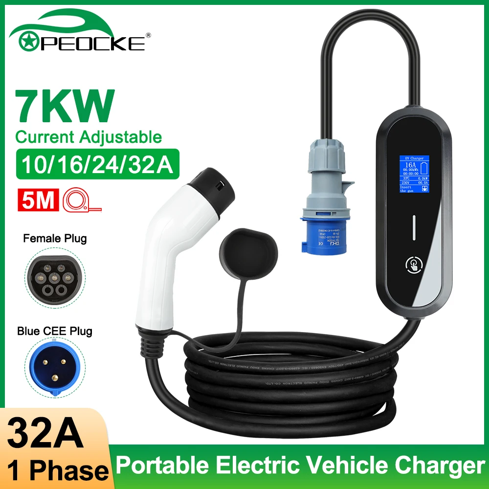 Peocke 32A 7KW Portable EV Charger Wallbox Type 2 Cable EVSE Charging Box Electric Car Charger CEE Plug for Electric Vehicle