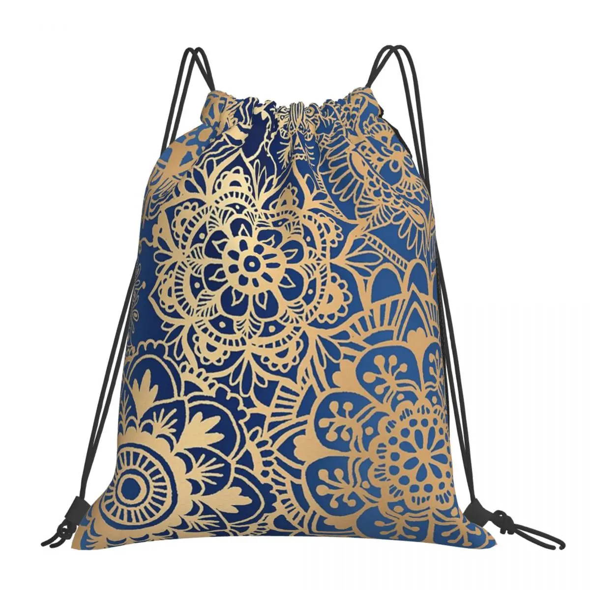 

Blue And Gold Mandala Pattern Backpacks Portable Drawstring Bags Drawstring Bundle Pocket Sports Bag Book Bags Travel Students