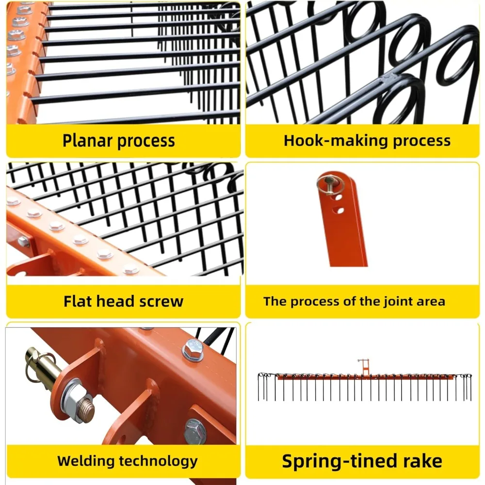 Point Landscape Rake for Tractor, 72 Spring Pine Straw Rake with 30 Steel Tines, Suitable for Cat1 Cat2