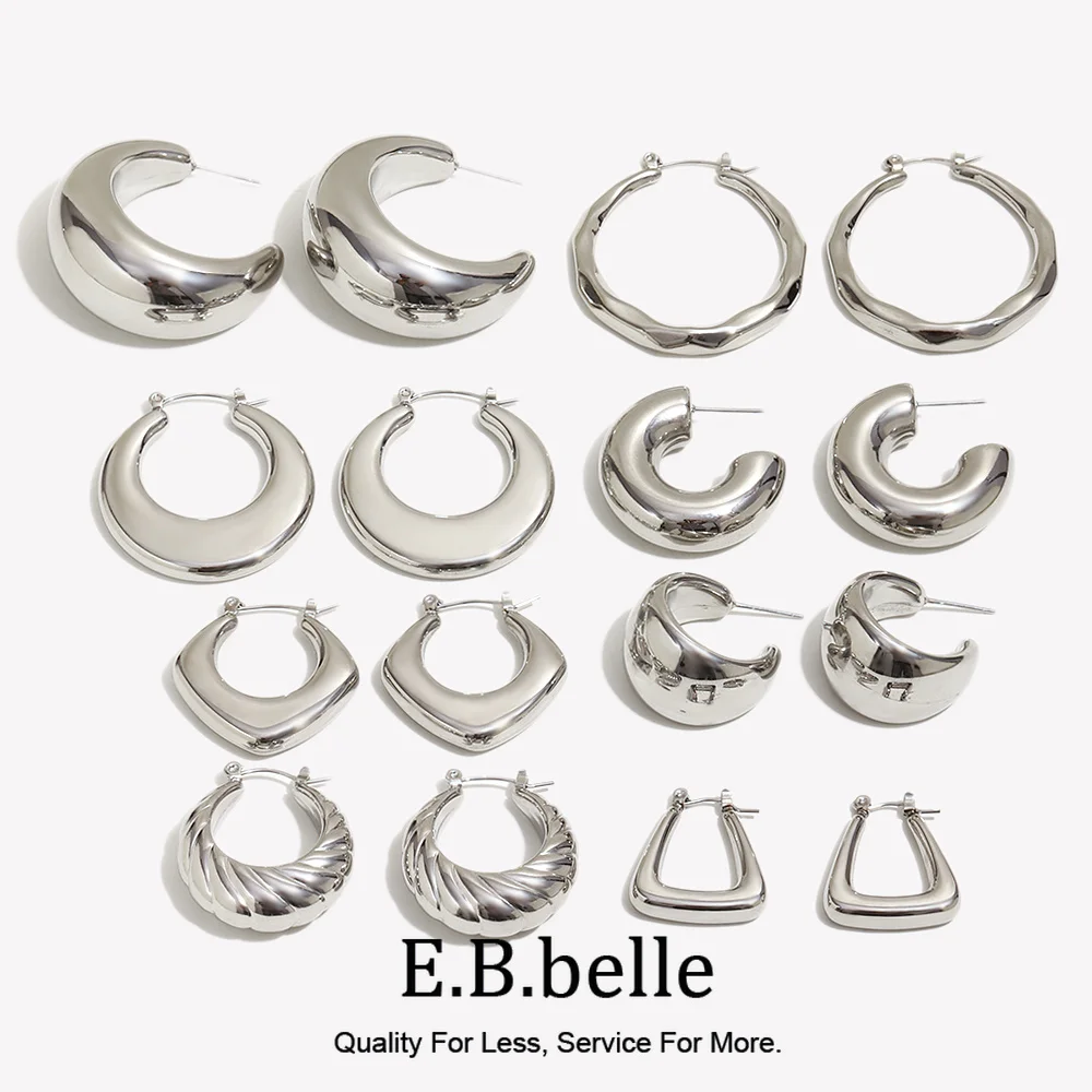 E.B.belle Silver Color Hollow Geometric Round Trapezoid Hoop Earrings For Woman Waterproof Stainless Steel Earrings For Daily