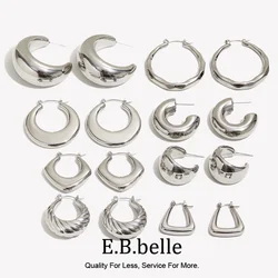 E.B.belle Silver Color Hollow Geometric Round Trapezoid Hoop Earrings For Woman Waterproof Stainless Steel Earrings For Daily