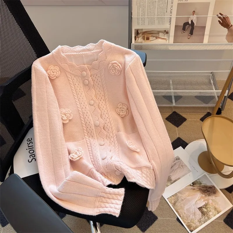 

Pink Sweet Three-Dimensional Flower Sweater Female Autumn Winter New Korean Gentle Wind Foreign Style Y2k Short Knitted Cardigan