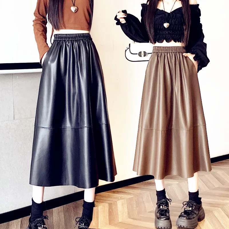 

Женская юбка трапециевидной формы, юбка-миди с высокой талией, юбка-карандаш, осенняя кожаная зимняя макси-юбка с карманами и оборками