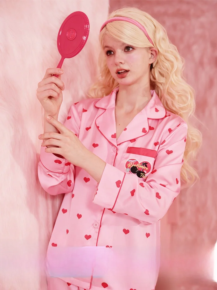 

RooMance Ice Silk Two-tone Print Sleepwear Set Women's Summer Home Clothes Sweet Cute Style Long Sleeve Loose Fit Outfit