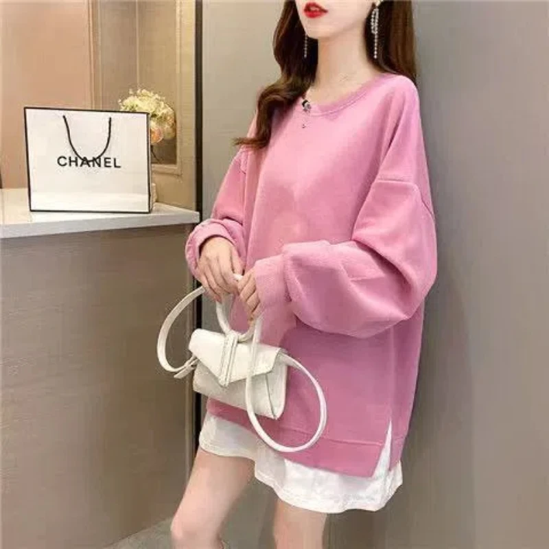 Women Clothing Fake Two Piece Loose Pullovers Top Spring Autumn New Long Sleeve Contrast Street Casual Hoodies Fashion Trend