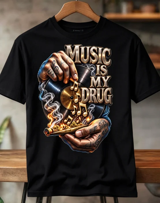 2026 new Vinyl Record Tattoo‑Hand Music‑Theme Graphic Print High‑Quality Comfort Loose Short‑Sleeve Tee