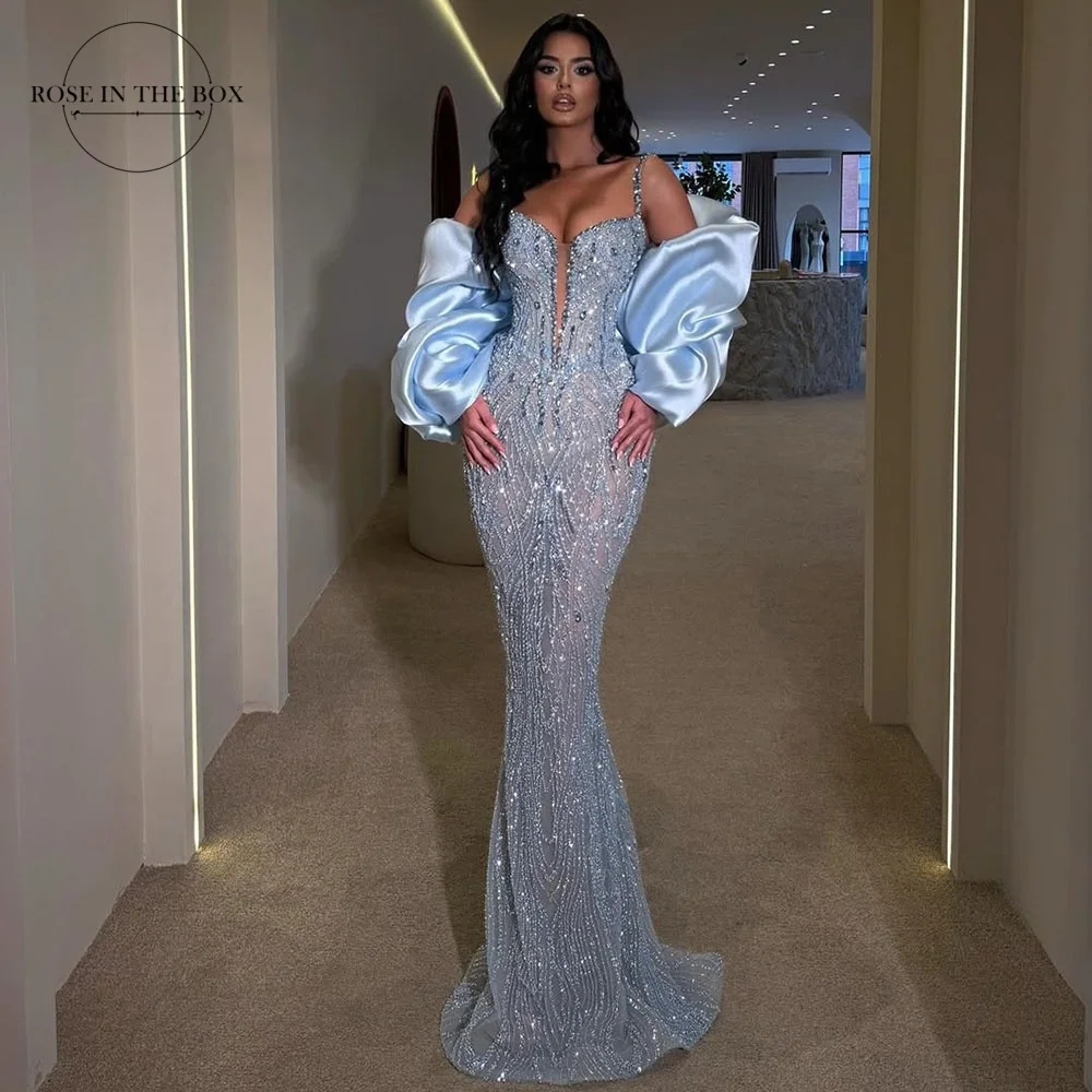 ROSEINTHEBOX Spaghetti Strap Luxury Lace Evening Dresses with Detachable Puff Sleeve Mermaid Sheath Beaded Party Dress Customize
