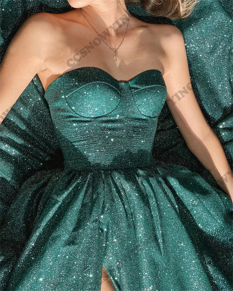 Teal Green Sequin Strapless Prom Dresses with Pockets Formal Evening Party Gown High Slit Women Robe De Soiree