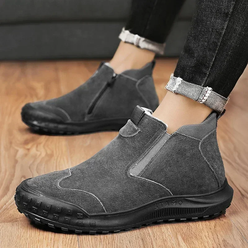 Women's Platform Shoes Winter Short Plush Snow Boots for Men Side Zipper Keep Warm Suede Outdoor Slip on Casual Chelsea Boots