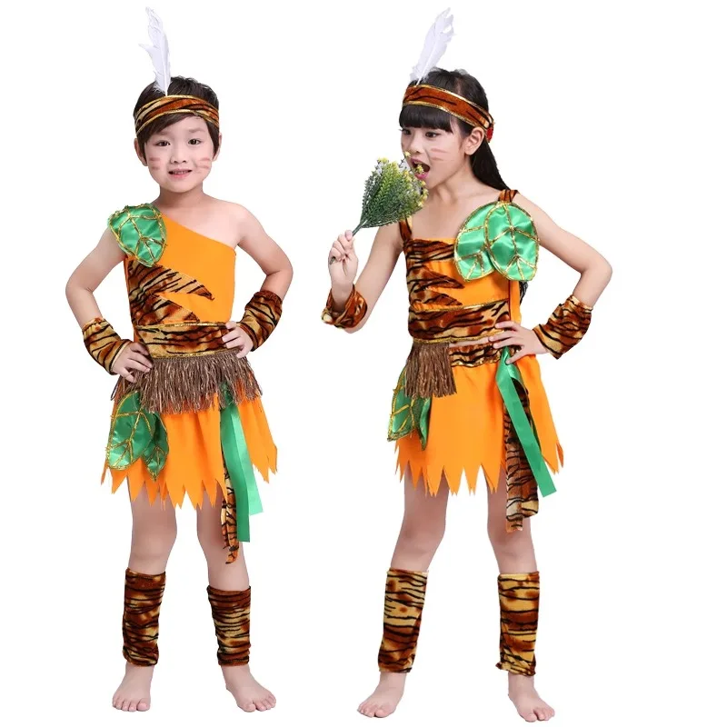 

Hot Halloween Cosplay Indian Primitive African Savage Clothing Children Children Men Women Costumes Indian Stage performance-AC