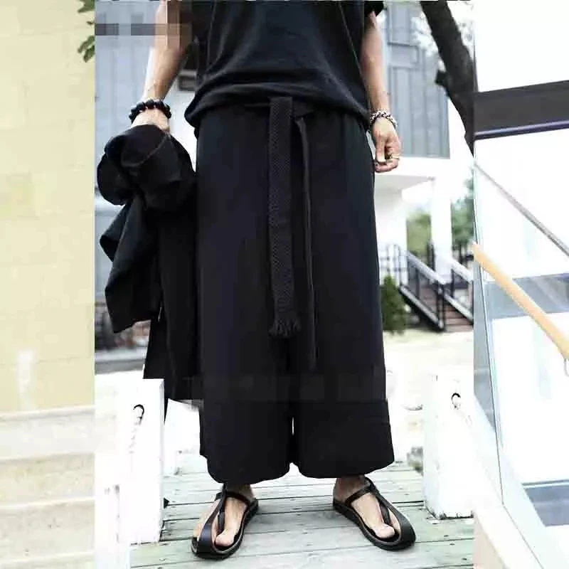 Korean fashion men\'s new solid color loose wide leg pants casual pants Harem Pants skirt Pants Capris elastic waist