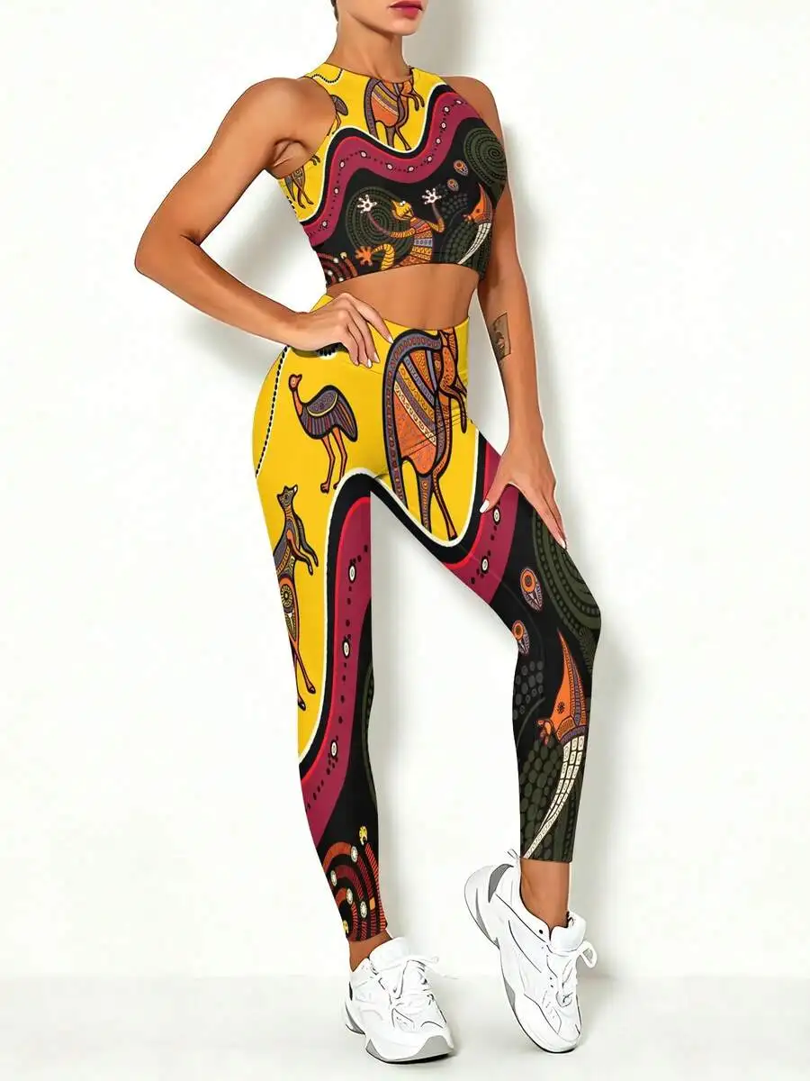 

Women Yoga Set Quick Dry Vest Sport Pants Casual Outfit Yellow Black Red Animal Print