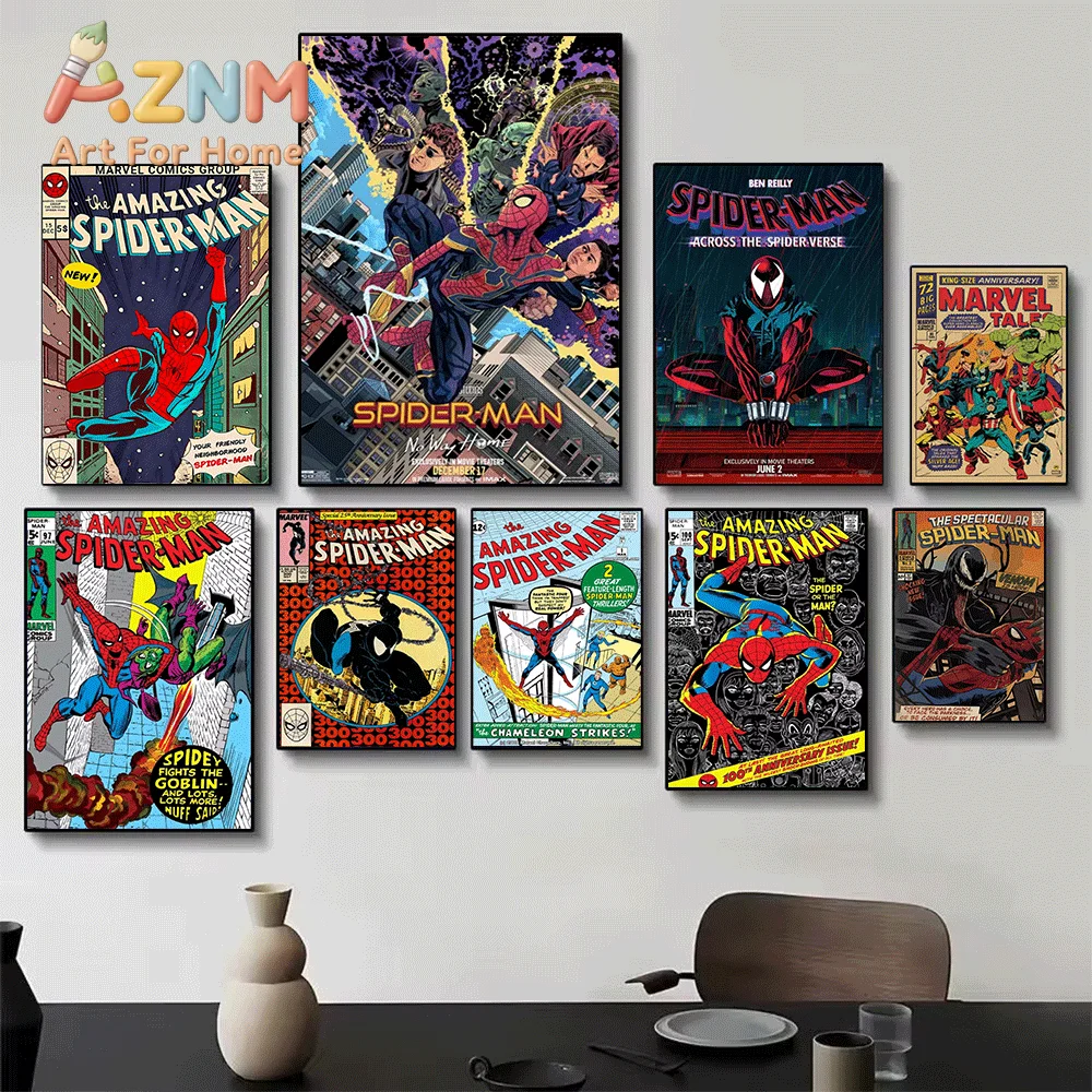 AZNM Vintage Frameless Canvas Wall-Art Print Marvel Superhero Comic-Style Artwork Featuring Spider-Man Hulk Iron-Man Captain-Ame