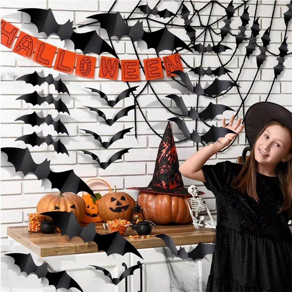 

Halloween Decoration 3D Black Bat Wall Stickers Set Scary Props DIY Home Room Halloween Party DIY Decor Window Glass Art Decals