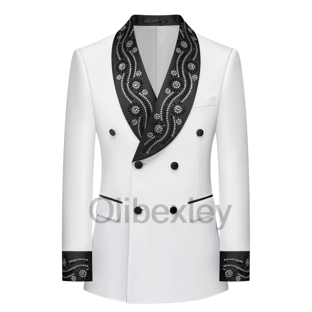 Olibexley White Men's Formal Jacquard Tuxedo Luxury Rhinestone Slim Fit Dinner Blazer Jacket for Prom Party Customized S378