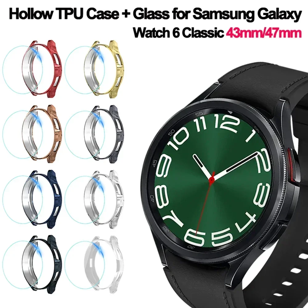 Case+Glass for Samsung Galaxy Watch 6 Classic 43mm 47mm Soft TPU Hollow Out Screen Protector Cover for Galaxy 6 Classic 47 43