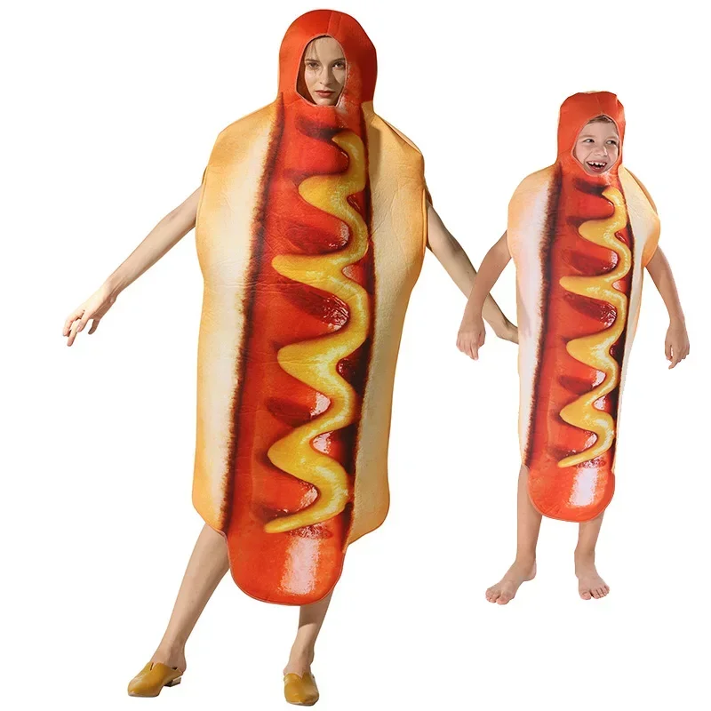 Śmieszne kostiumy dla dorosłych dzieci z nadrukiem 3D Hot Dog Halloween karnawałowa sukienka imprezowe dla chłopców Unisex kombinezon Purim Shool pokaz sceniczny