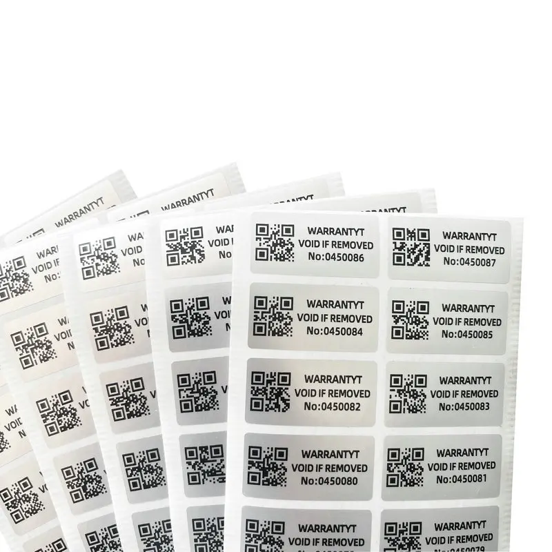 500 pezzi sigillo di sicurezza argento etichetta di garanzia a prova di manomissione 30 x15mm codice a barre codice QR adesivo numero di serie può