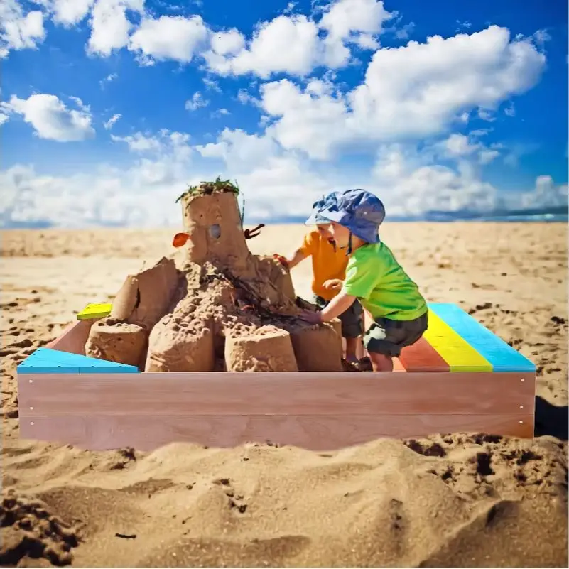 Caja de arena de madera para niños, arenero, juego de madera para niños, patio trasero al aire libre, 47,25 pulgadas de largo x 47,25 pulgadas de ancho x 7,87 pulgadas de alto, rojo dorado