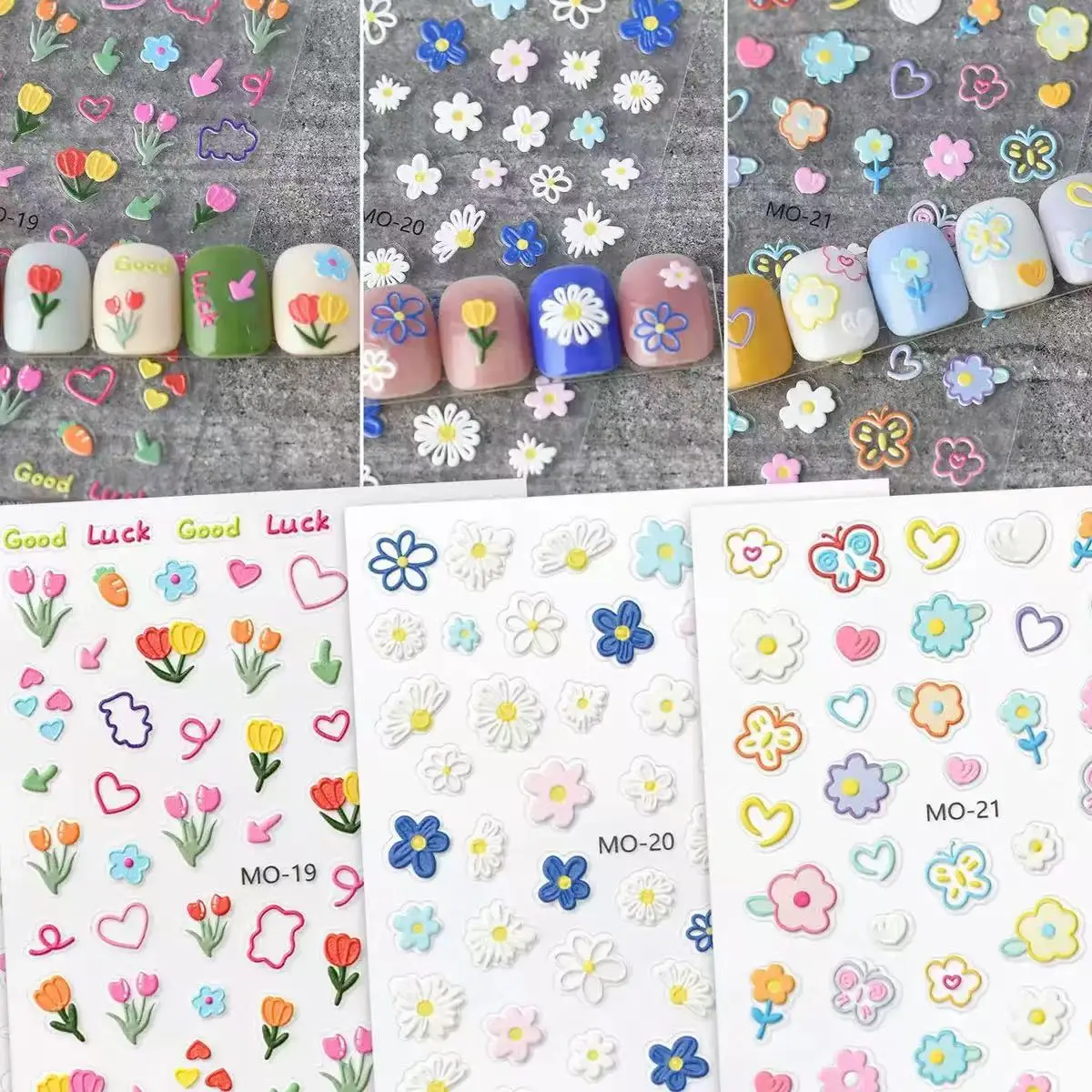 5D Puffy Flower Nail Stickers Graffiti Bunny Fresh Cute 3D Thin Transparent Self Adhesive Decals for Nail Decor