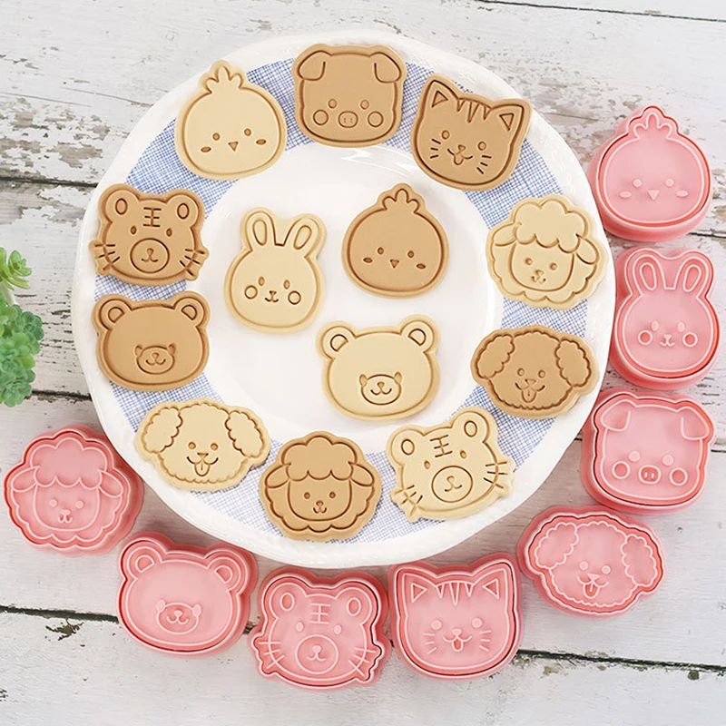 

8Pcs Set Animals Cookie Cutter Stamp Plastic Cartoon Pressable Biscuit Mold Confectionery Kitchen Baking Pastry Tools