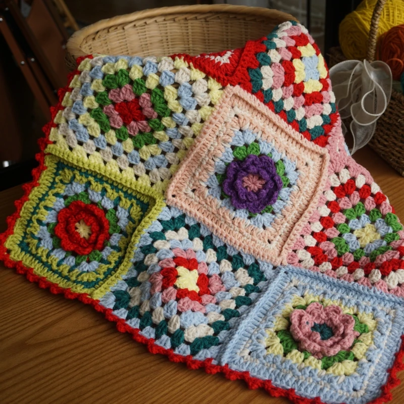 Handmade Granny Square crochet blanket Hand hooked colourful crochet sofa blanket cushion felt pastoral style home&living gift