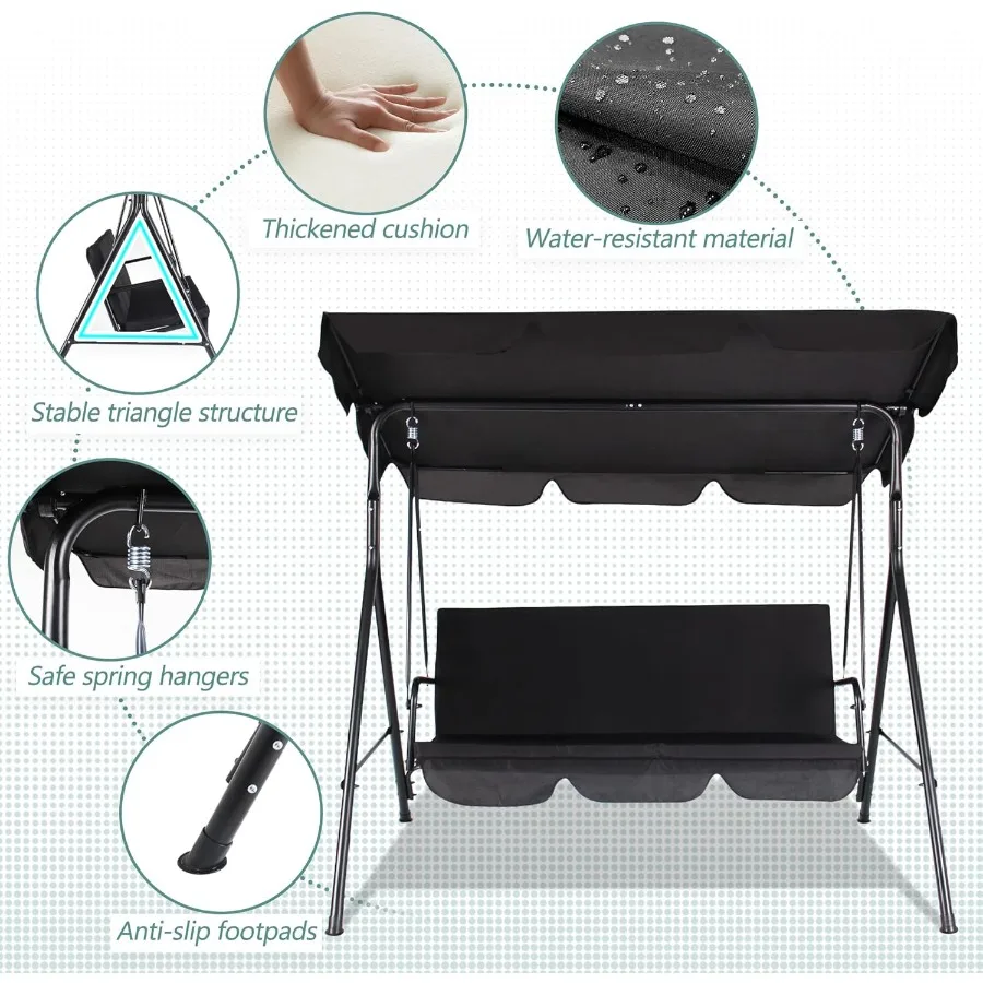 كرسي أرجوحة للشرفة بثلاثة مقاعد كرسي أرجوحة للفناء الخارجي مع مظلة قابلة للتعديل للبالغين أرجوحة الشرفة مع فولاذ مقاوم للطقس Fr #5