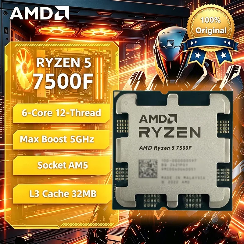 AMD Ryzen 5 7500F 3.7GHz 6-Core 12-Thread L3=32M Processor 65W R5 7500F Socket AM5 5NM DDR5 New but without cooler