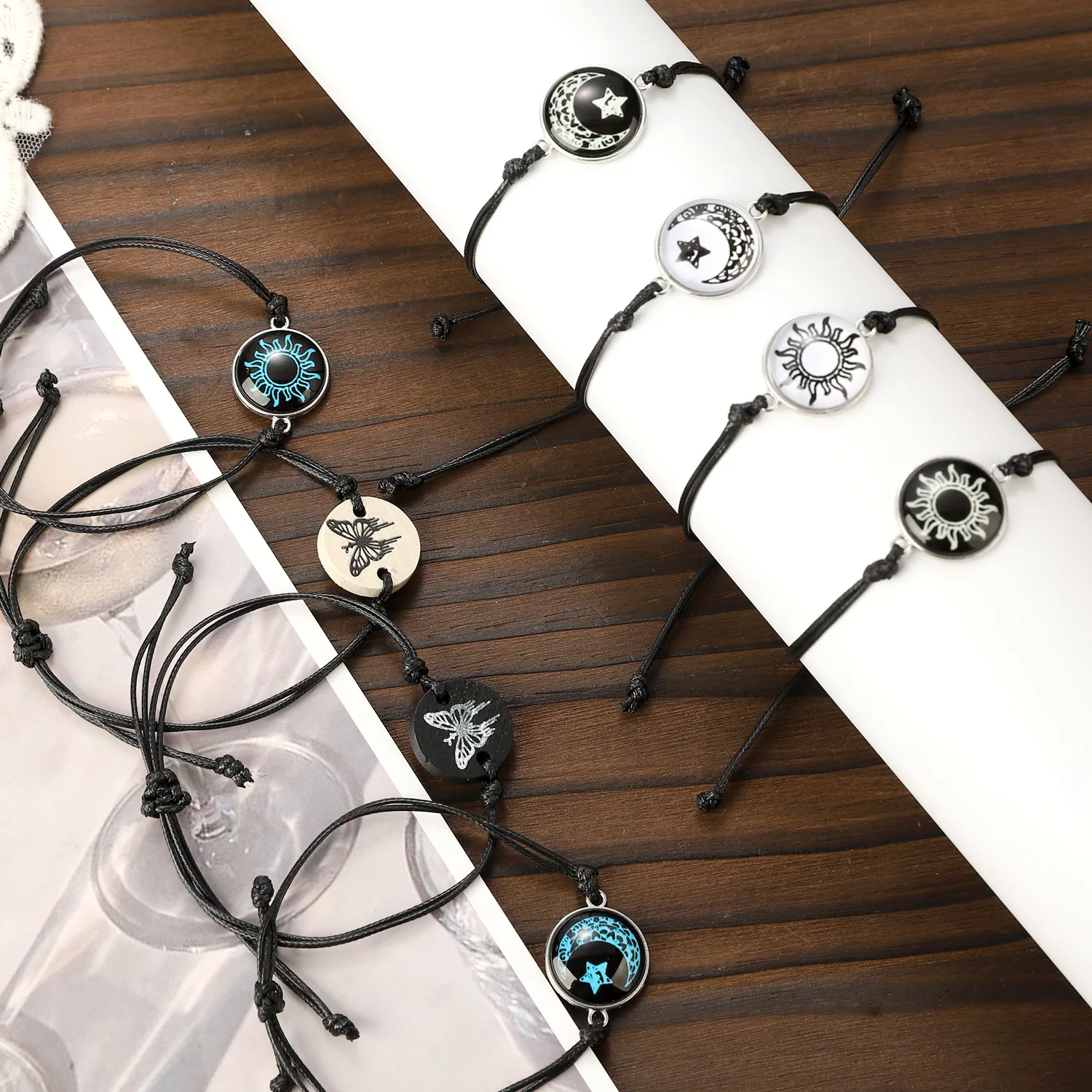 2 قطعة مضيئة الشمس القمر ستار فراشة أساور للأزواج للنساء الرجال اليدوية حبل مضفر عاشق مطابقة سوار مجوهرات هدية #2