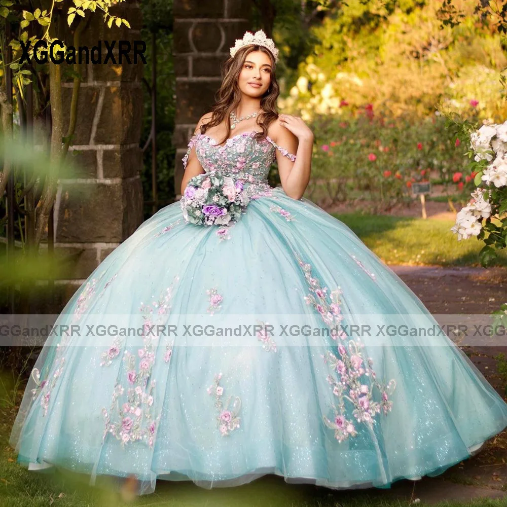 Verde claro fora do ombro vestido quinceanera, vestido de princesa doce, concurso, 15, 16, Birthday Party, XV, Miss, 2024, doce