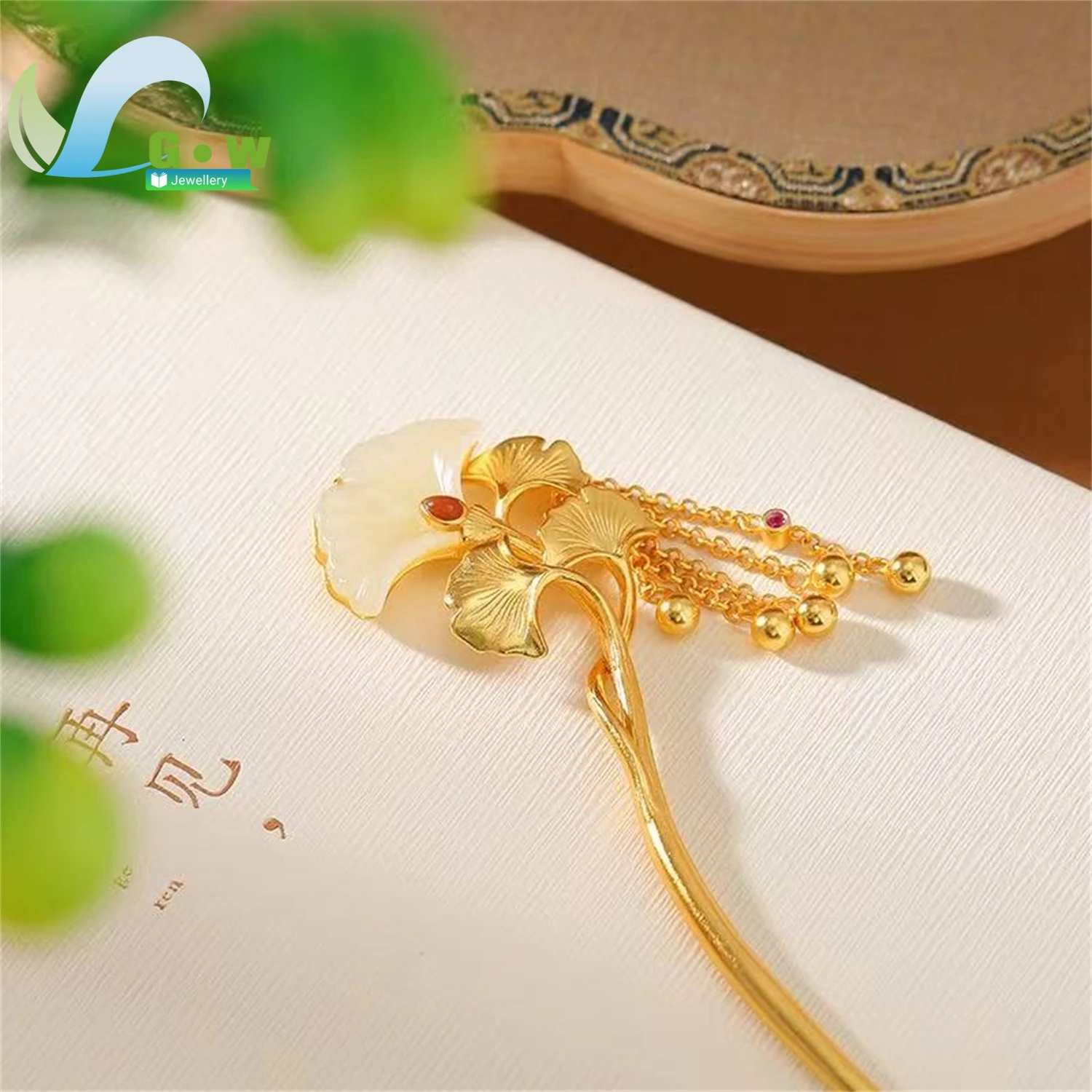 Natural Hetian Jade South Red Agate Ginkgo Leaf Tassel Hairpin Silver Hair Stick Women Vintage Elegant Chinese Style Jewelry