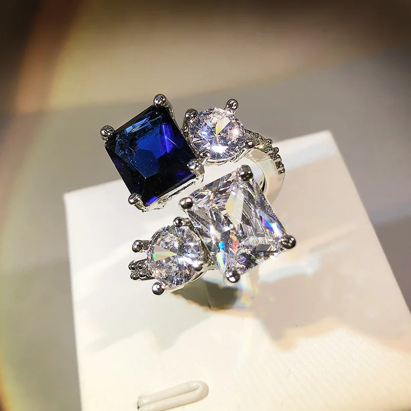 Luksusowy pierścionek zaręczynowy z diamentem o wysokiej zawartości węgla, szlif kwiatowy, damski, srebro próby 925, ciemnoniebieski cyrkon, nieregularny pierścionek z otwartą obrączką, prezent na imprezę.