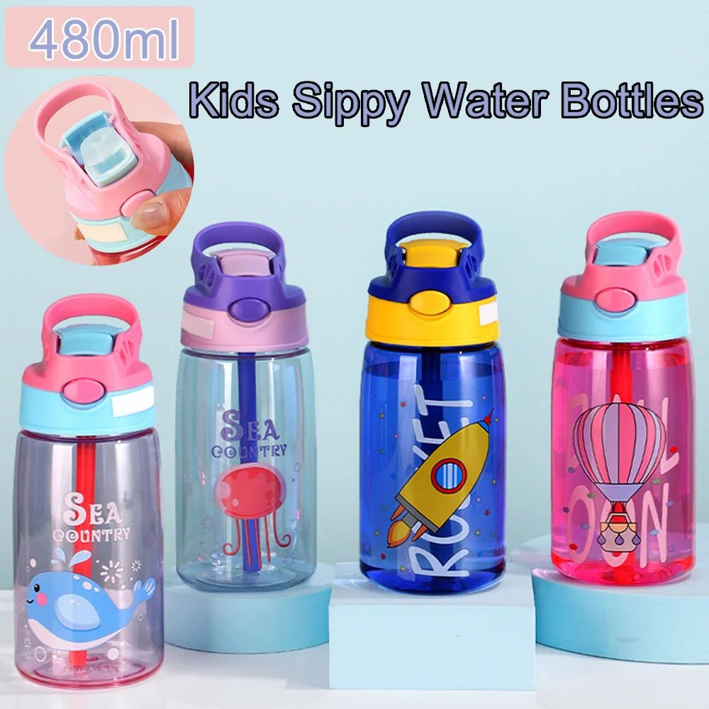 480ML Kids Sippy Water Bottles Creative Cartoon Feeding With Straws And Lids Spill Proof Portable Toddlers Drinkware Children